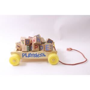 Playskool, Wooden Wagon with Alphabet Blocks, Pull Toy, Vintage ~ 250729-WH 1339